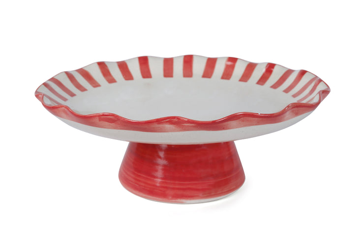 Ceramic Stripe Cake Stand, Red - 10 x 10 x 3.75 Inches