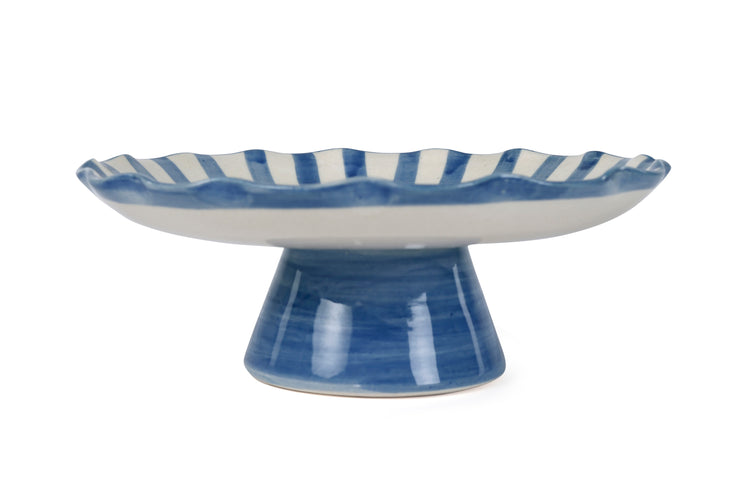 Ceramic Stripe Cake Stand, Blue-  10 x 10 x 3.75 Inches