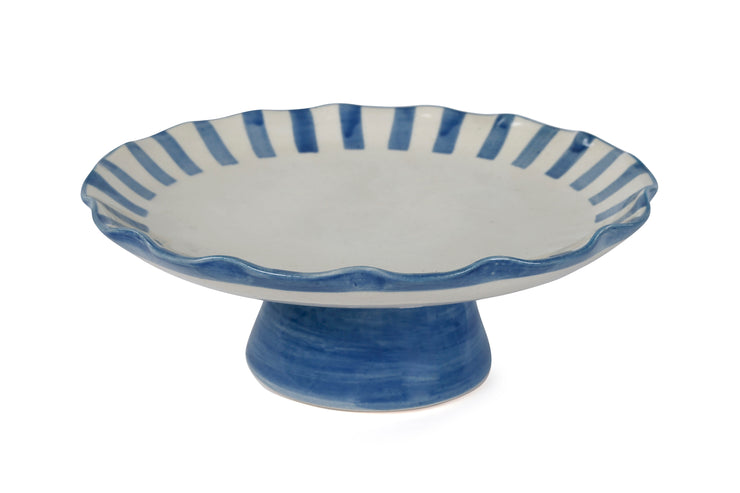 Ceramic Stripe Cake Stand, Blue-  10 x 10 x 3.75 Inches