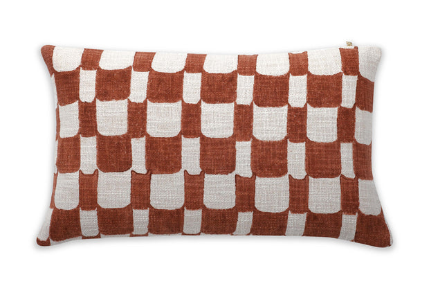 Aaakar Checkered Block Printed Pillow, Rust - 12x20 Inch