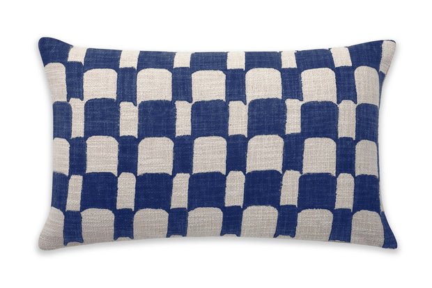Aaakar Checkered Block Printed Pillow,Indigo - 12x20 Inch
