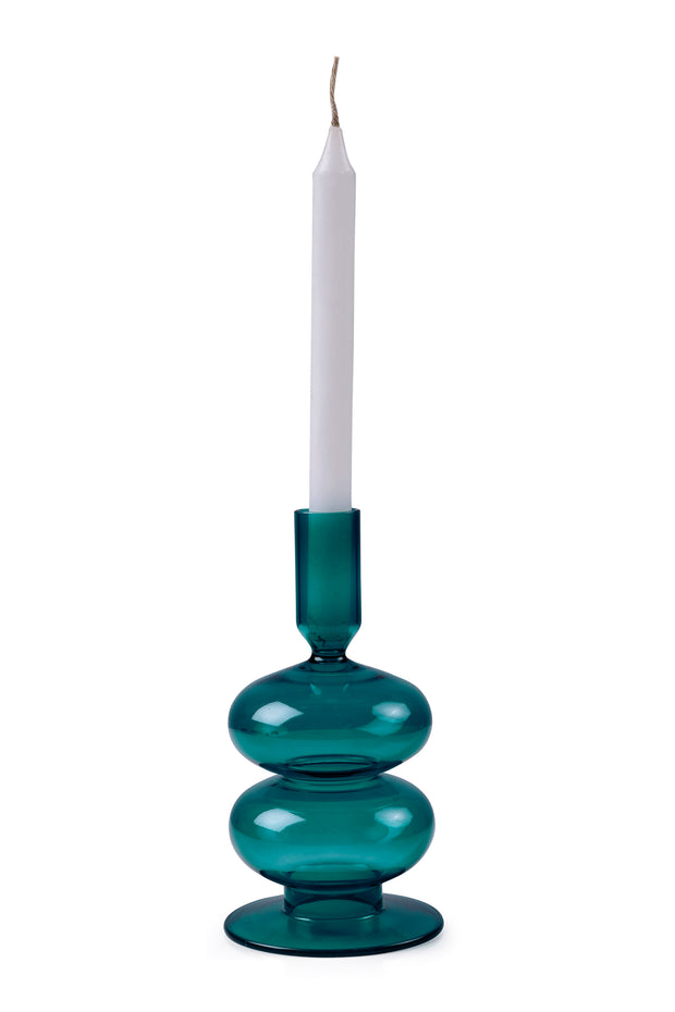 Retro Wavy Glass Candle Holder- 7 x3.5 Inches, Teal