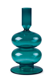 Retro Wavy Glass Candle Holder- 7 x3.5 Inches, Teal