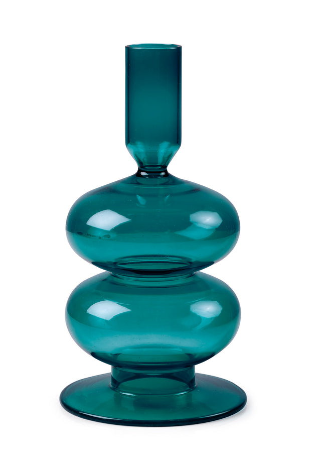 Retro Wavy Glass Candle Holder- 7 x3.5 Inches, Teal