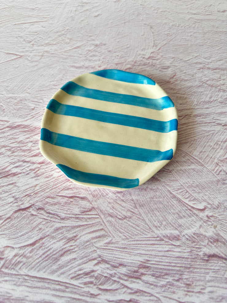 Ceramic Aqua stripe plate, 6.3x6.3 Inches