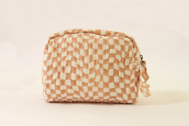 Handmade Quilted Pouch, Peach & White - 9 x 7 Inches