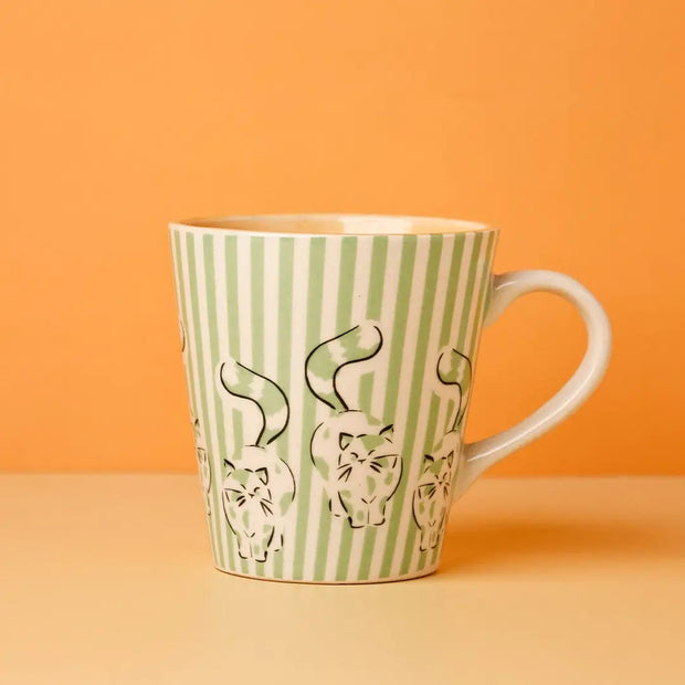 Cat Stripe Coffee Mug- Green ,  4.7 X 3.3 x 3.70 Inches