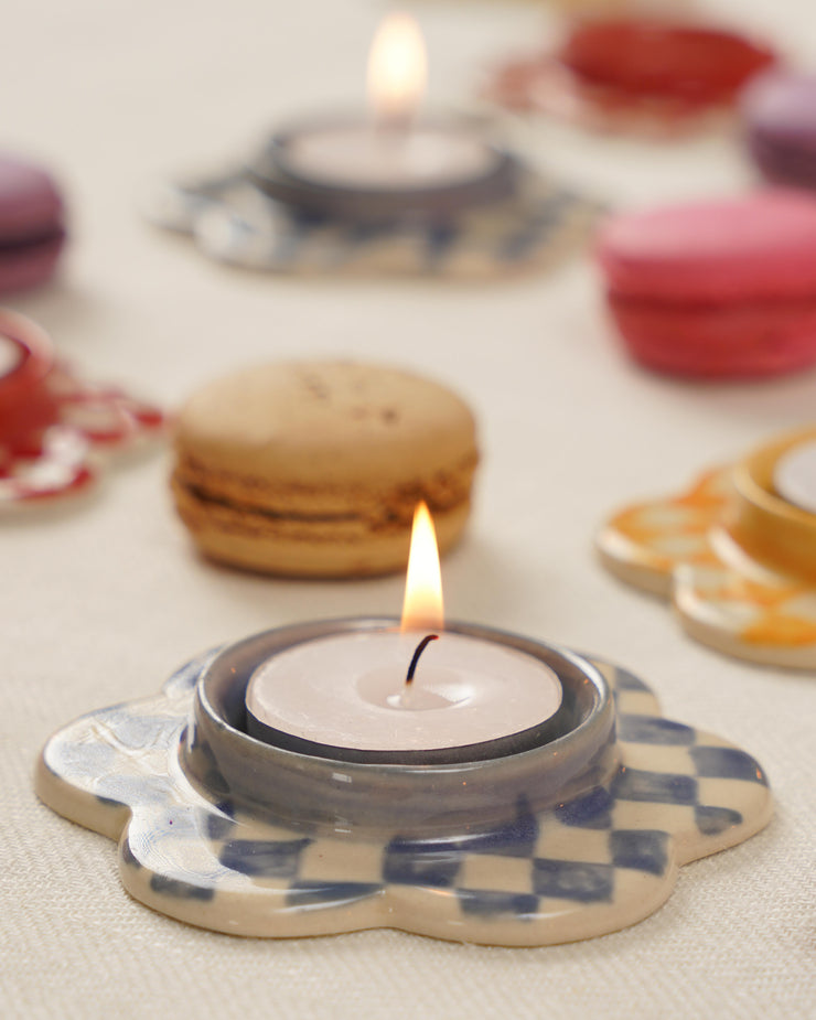 Checkered TeaLight Candle Holder, Blue (Set of 3)