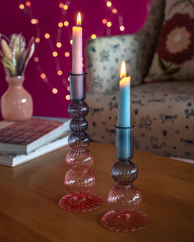 Retro wavy Candle Holders -Set of 2,Pink 3.2Dia x 9.8H Inch