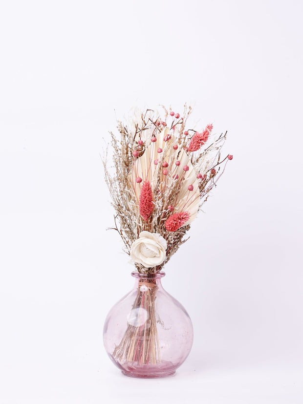 Rosette Dried Flowers & Glass Vase, 4.3 x 11.8 Inches