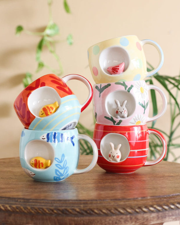 Striped Bunny Handpainted Ceramic Mug, 4.5 x 3.5x 3.25 Inch