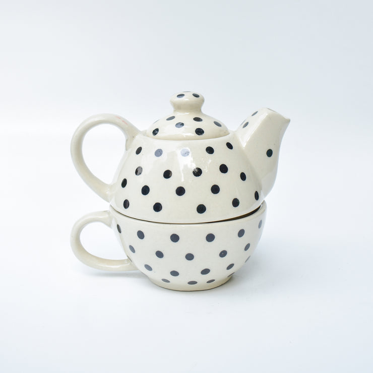 Polka Dot Ceramic Tea Pot and Cup Set - 7.5x2.5 Inches
