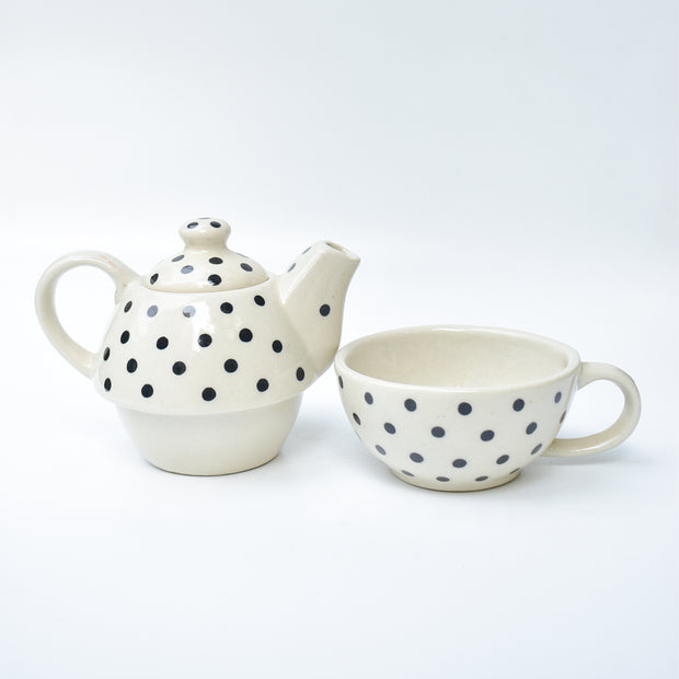 Polka Dot Ceramic Tea Pot and Cup Set - 7.5x2.5 Inches