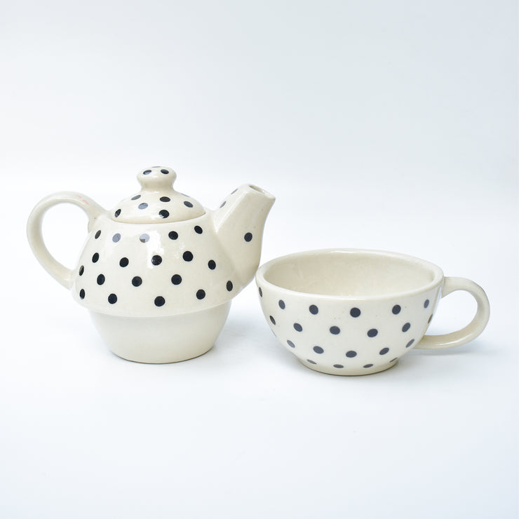 Polka Dot Ceramic Tea Pot and Cup Set - 7.5x2.5 Inches