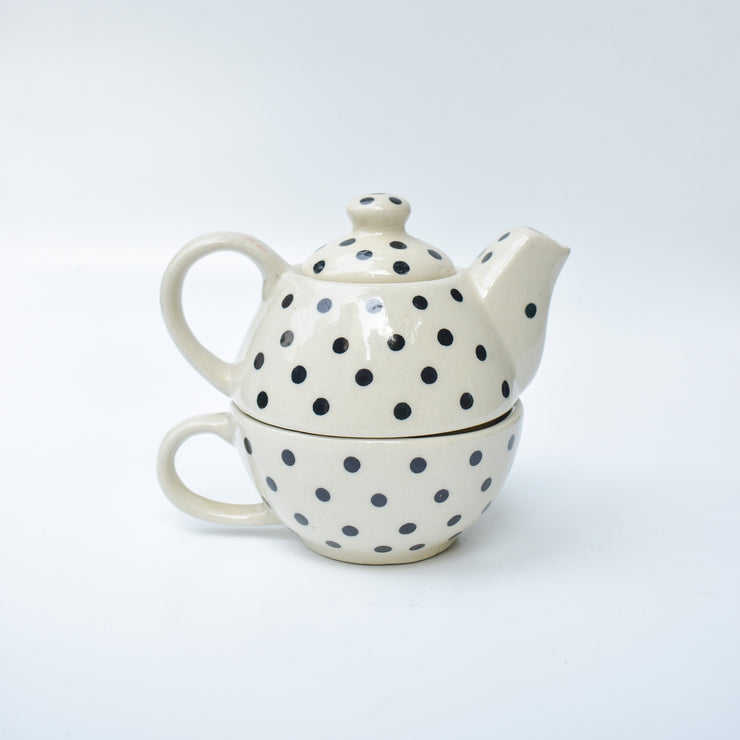Polka Dot Ceramic Tea Pot and Cup Set - 7.5x2.5 Inches