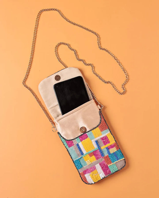 Mira Hand Embroidered Phone Bag & Cards Holder with Cross body Chain - 7.5 x 4.5 Inches