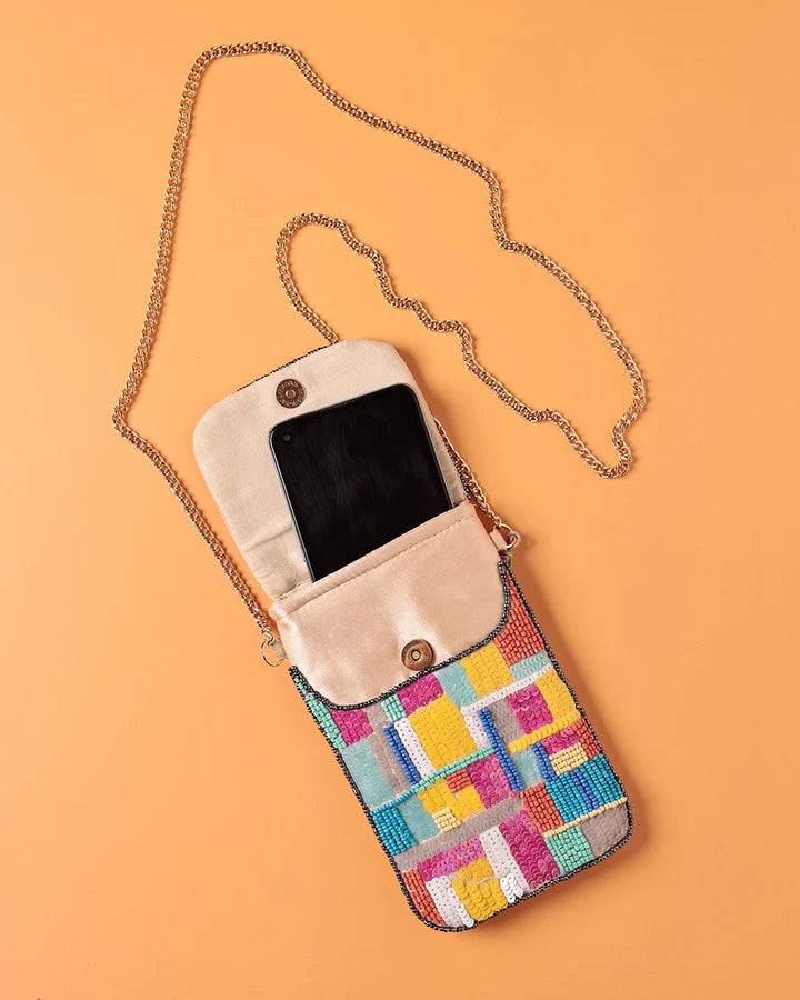 Mira Hand Embroidered Phone Bag & Cards Holder with Cross body Chain - 7.5 x 4.5 Inches