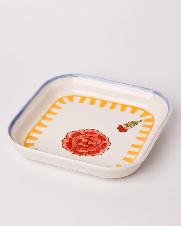 Stripe And Stem Handpainted Ceramic Square Snack Plate , 6.10 x 6.10 x 1.18 Inches