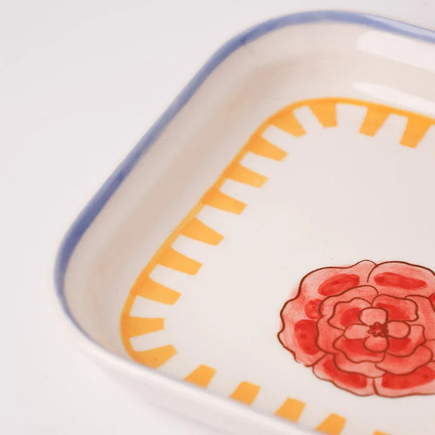 Stripe And Stem Handpainted Ceramic Square Snack Plate , 6.10 x 6.10 x 1.18 Inches