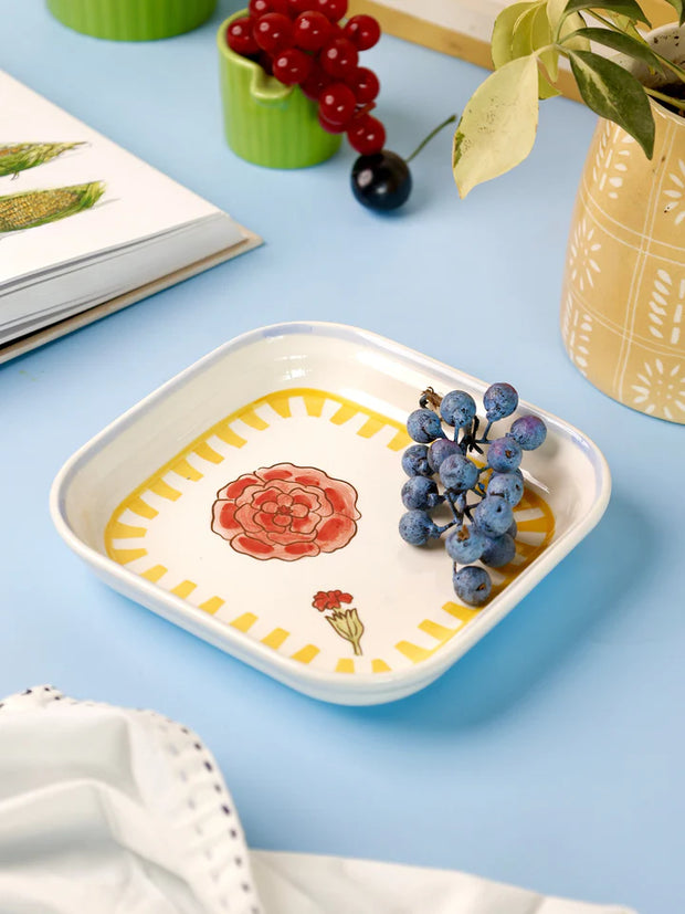 Stripe And Stem Handpainted Ceramic Square Snack Plate , 6.10 x 6.10 x 1.18 Inches