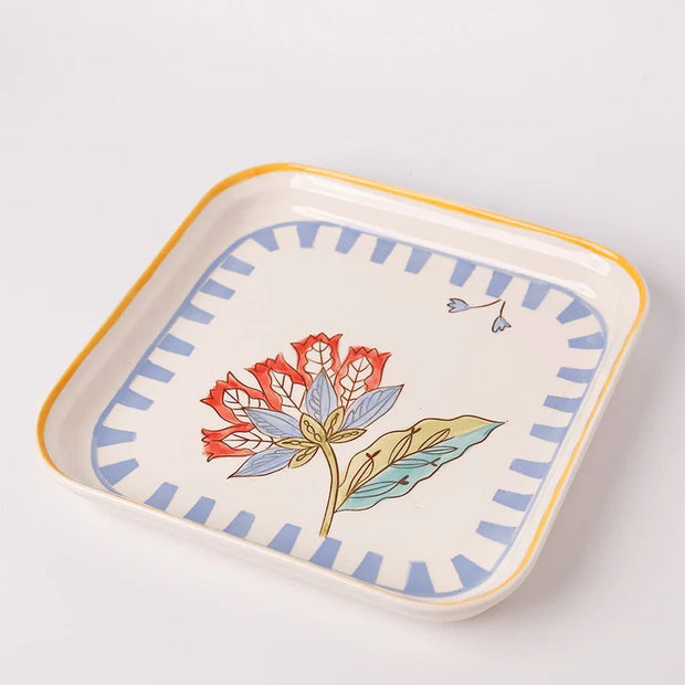 Stripe And Stem Handpainted Square Platter , 8.07  8.07 x 1.18 Inches