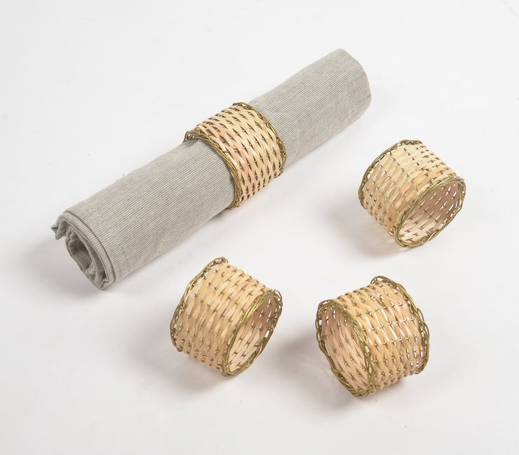 Eco-Friendly Handwoven Cane & Brass Napkin Ring  (Set of 4)