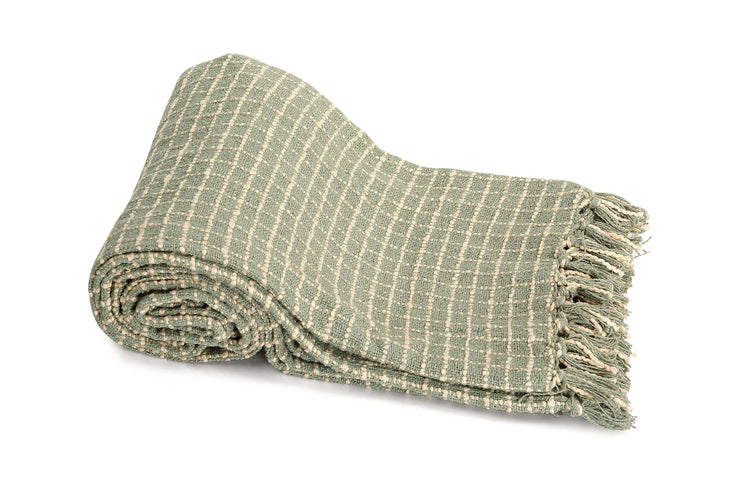 Cotton Boucle Small Check Pattern Throw Blanket - Sage Ivory