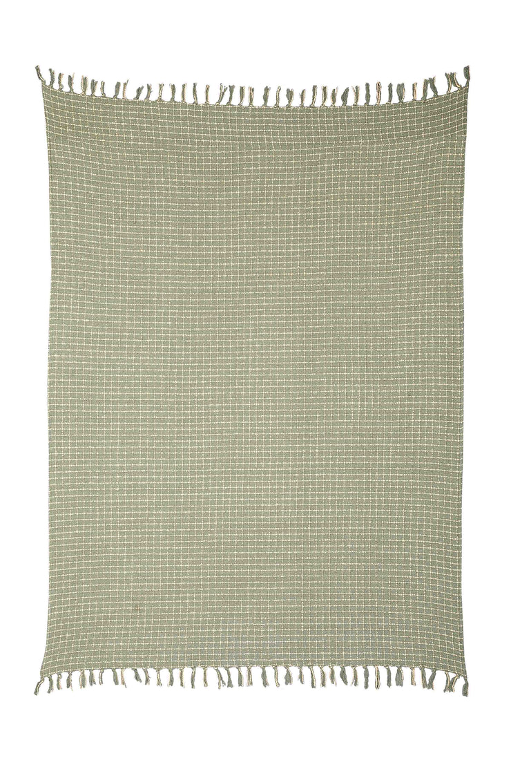 Cotton Boucle Small Check Pattern Throw Blanket - Sage Ivory