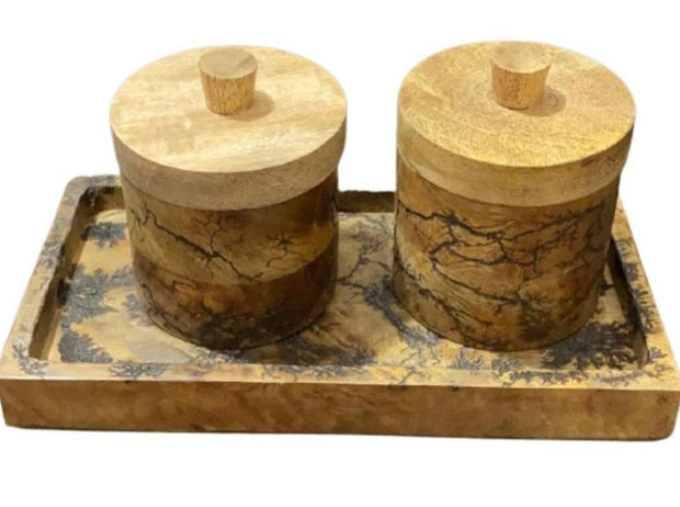 Casaamarosa Kitchen Essential Handmade Burnt Wood Set of 2 Jar with Tray BJ-W-01