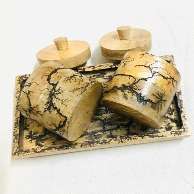Casaamarosa Kitchen Essential Handmade Burnt Wood Set of 2 Jar with Tray BJ-W-01